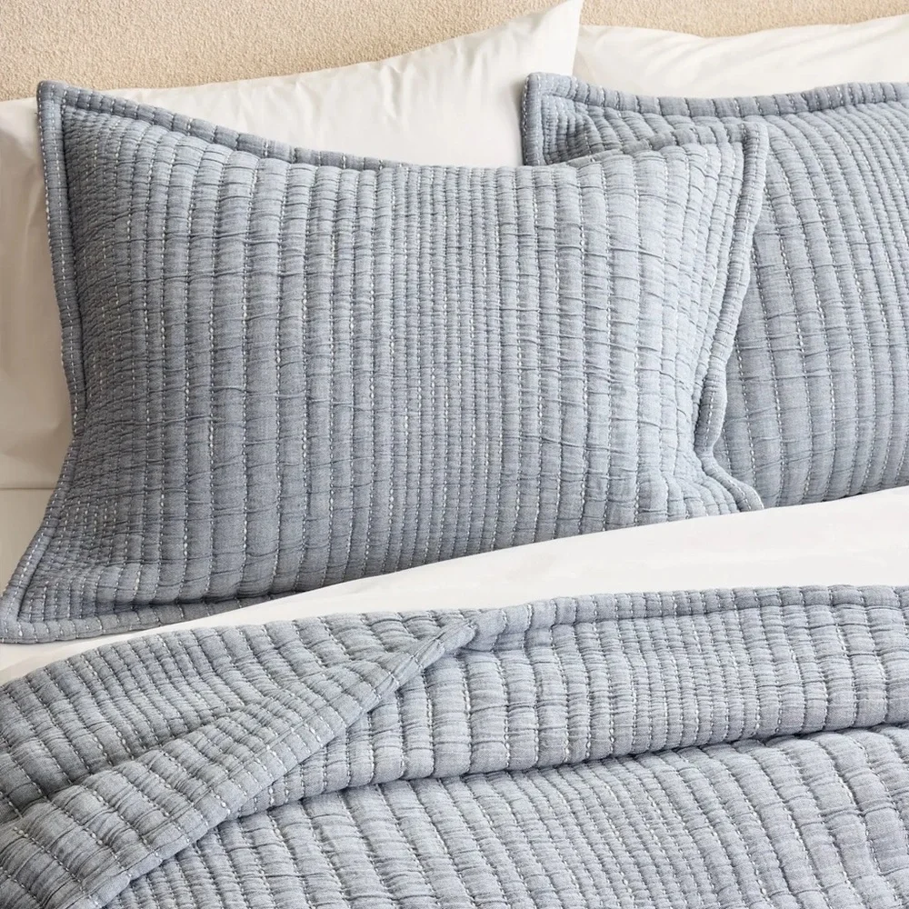 NWOT QUINCE Organic Cotton Channel Stitch Sham Set Standard Blue 7060